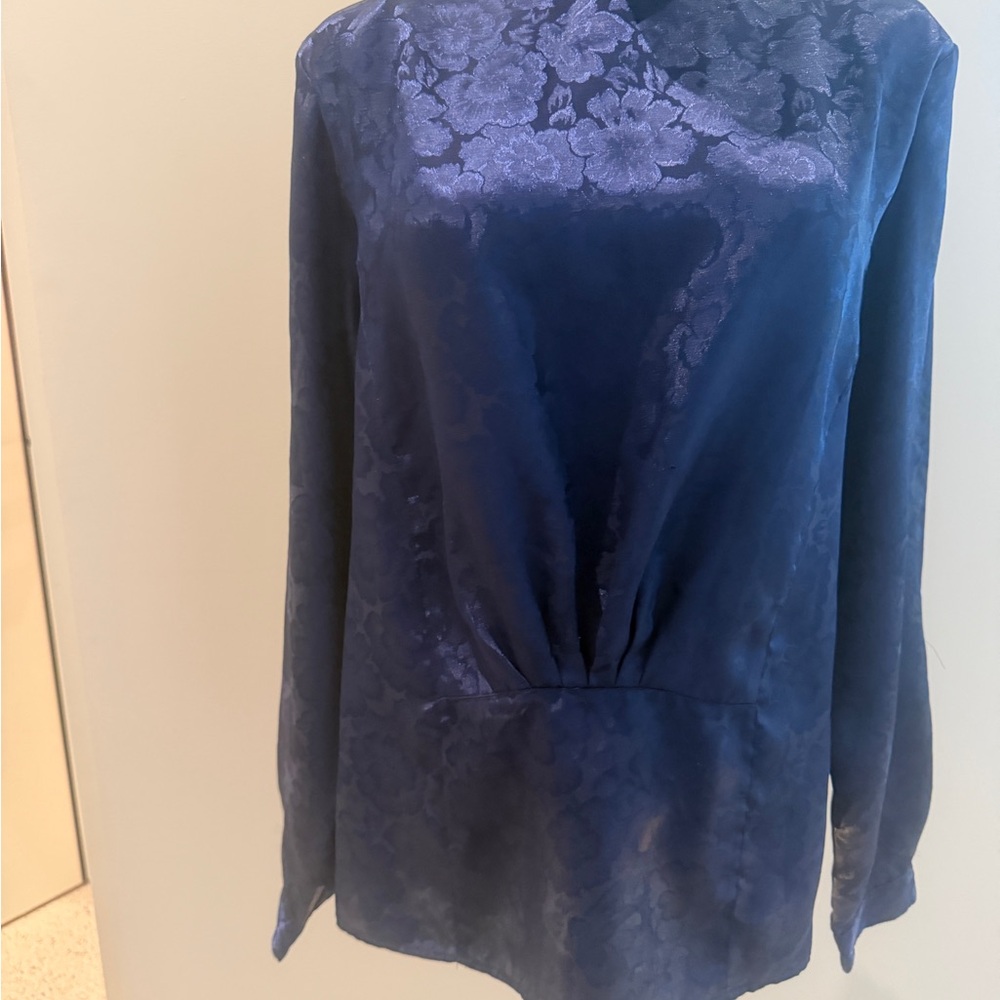 Navy High Neck Jacquard Blouse - Picture 2 of 4